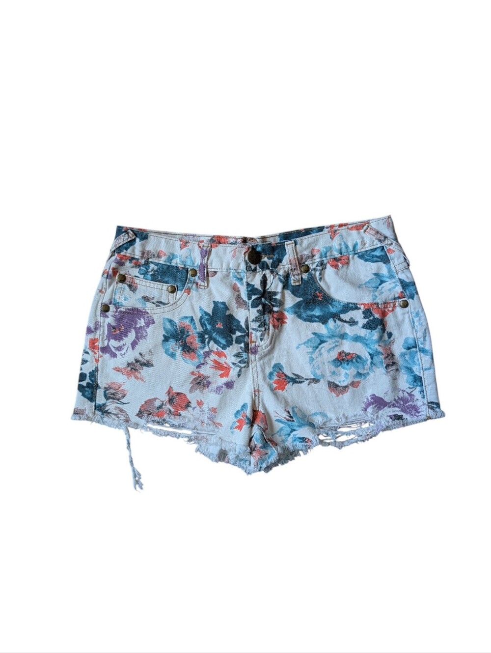 Free People White Multicolor Floral Distressed Denim Jean Shorts Size 29
